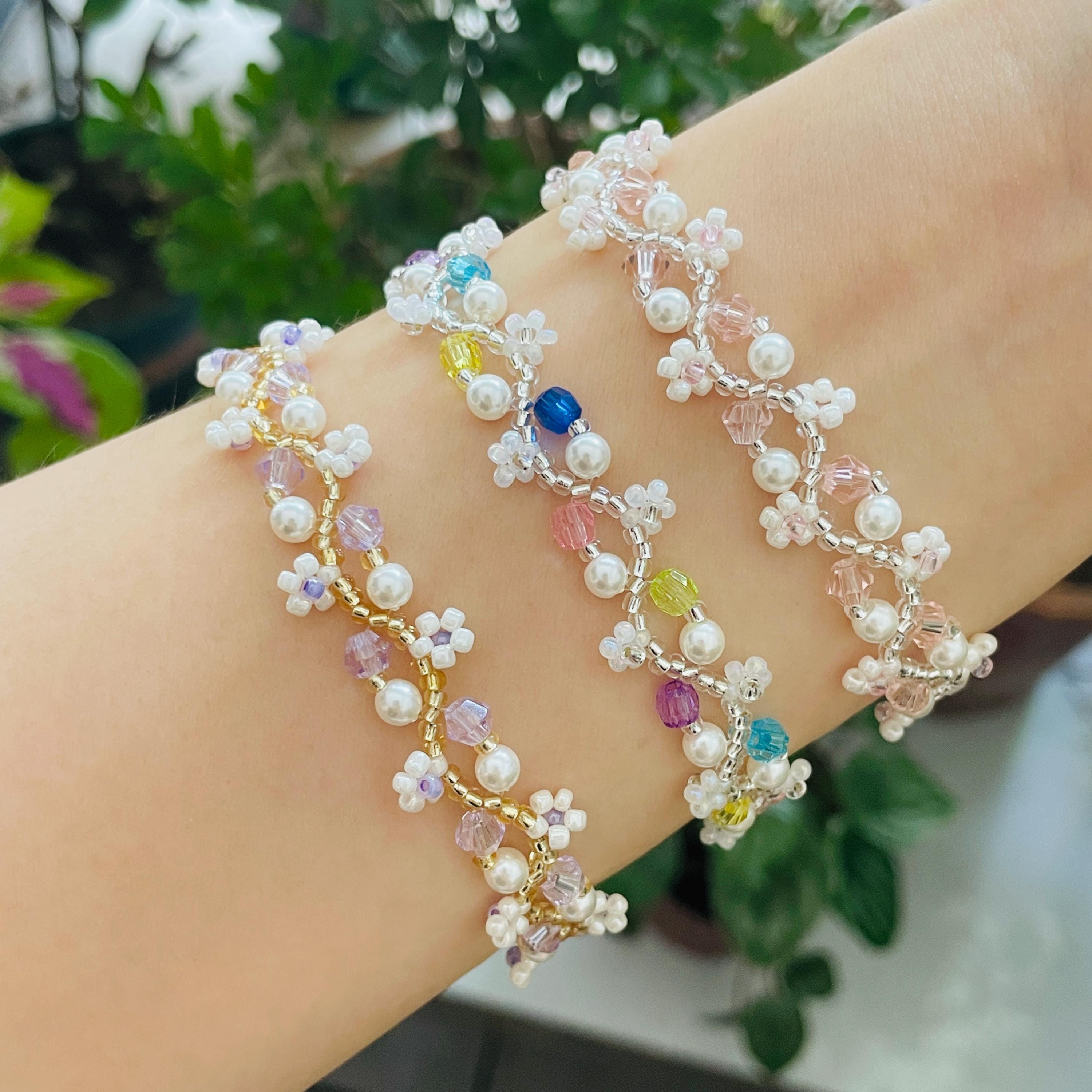 Colorful Pearl Bracelet, Daisy Flower Bracelet, Seed Bead Bracelet
