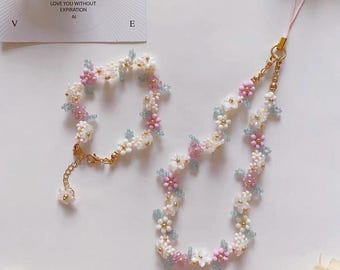 Beaded Pastel flower Bracelet, Handmade Pink&White  Phone Strap