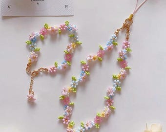 Handmade  Pink&Green Floral Bracelet, Beaded Macoron Flower Cluster  Phone Strap