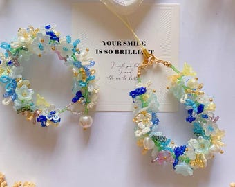 Forest Inspired Phone Charm Strap Bracelet, Natural Aesthetic Beaded Flower Cell Phone Chain Bracelets, Handmade Phone Strap, Gift for Her