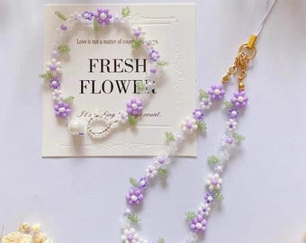 Elegant Violet Beaded Bracelet, Handmade Purple Flower Phone Strap, Handmade Jewelry, Gifts for her