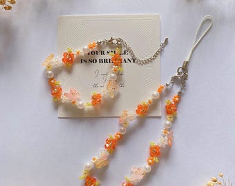 Handmade Orange Flower Beaded Phone Charm Strap Bracelet