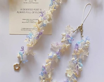 Floral Seed Bead Phone Strap Bracelet: Handmade Purple Blue White Jewelry