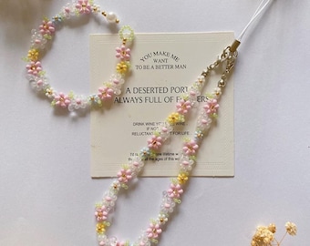 Colorful Phone Charm Strap Bracelets, Beaded Yellow Pink Flower Cell Phone Chain Bracelets, Handmade Phone Strap, Gift for Her