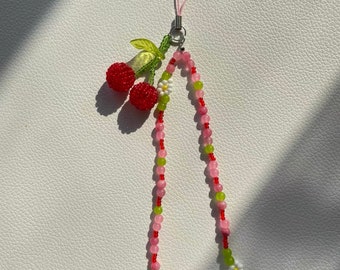 Cute Cherry Phone Charm Strap,Beaded Fruit Cell Phone Chain,Handmade Phone Strap