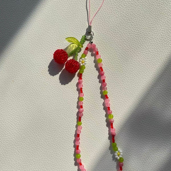 Cute Cherry Phone Charm Strap,Beaded Fruit Cell Phone Chain,Handmade Phone Strap