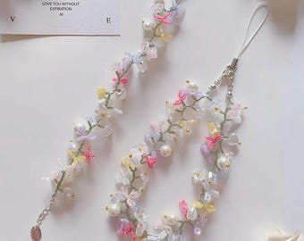 Dreamy Pastel Wildflower Beaded Bracelet&Phone Strap, Cute Spring Gift For Her