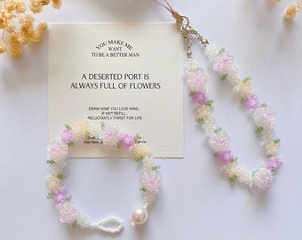 Floral Wonderland Phone Charm Strap Bracelet, Beaded Pink Flower Cell Phone Chain Bracelets, Handmade Phone Strap, Gift for Her