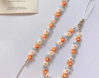Orange Beaded Flower Phone Charm Strap, Handmade Brightly Colored Bracelet