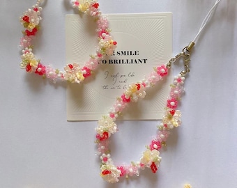 Handmade Beaded Flower Phone Charm Strap: Strawberry Red Bracelet