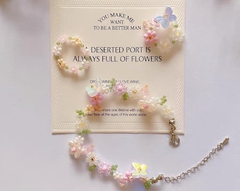 Handmade Beaded Butterfly Bracelet: Pink Green Floral Seed Beads