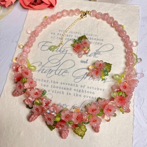 Pink Lily of The Valley Flowers Necklace, Beaded Flower Choker, Czech Grapes Beads Necklace, Gift for Her