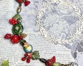 Handmade Cherry Strawberry Beaded Bracelet Necklace: Czech Glass Flower Jewelry