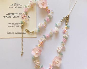 Pink Peach Blossom Beaded Phone Strap - Handmade Flower Bracelet
