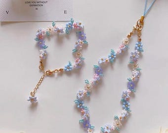 Beaded Dream Floral  Bracelet, Handmade   Blue&purple Phone Strap