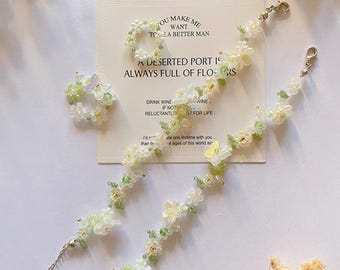 Handmade Butterfly Beaded Bracelet, Light Green White Flower Phone Strap