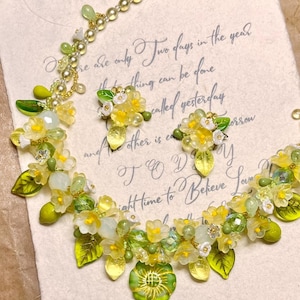 Green Lemon Tree Necklace, Beaded Fruit Necklace, Bead Flowers Earrings, Czech Glass Beads Necklace, Czech Glass Earrings, Gift for her