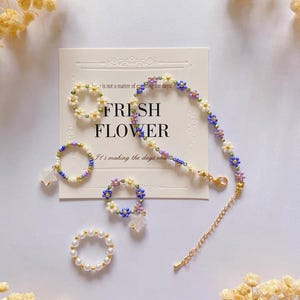 Blue Purple Flower Beaded Bracelets, Spring Flower Jewelry Set, Beaded Jewelry, Gift for her