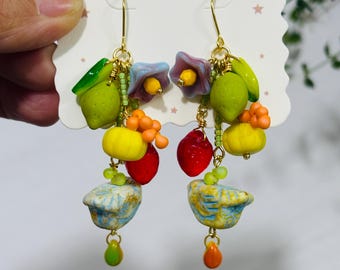 Beaded bird dangle earrings: Fruit czech glass beads jewelry