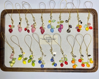 Beaded Fruit Phone Strap, Strawberry Phone Charms, Blueberry Phone Accessary