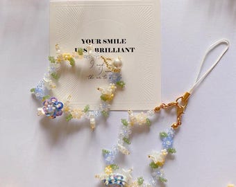Handmade Beaded Bracelet and Phone Charm: Spring Garden Pearl Crystal Jewelry
