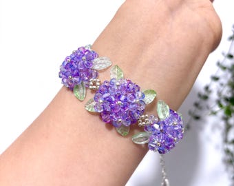 Beaded Hydrangea Bracelet, Handmade Flower Beads Ring, Gift For Her