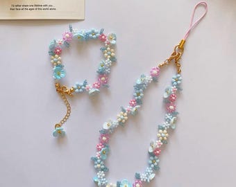 Beaded Dream Floral  Bracelet, Handmade Ice Blue&Pink Floral Phone Strap, Summer Kawaii Jewelry, Gift For Her