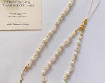 Daisy and Pearl Phone Strap, White Beaded Bracelet, Gift for Her, Friendship Bracelet