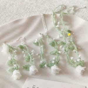 Lily of the Valley Beaded Earrings Bracelet Necklace, Cottagecore Fairycore Handmade Jewelry, Gift for Her