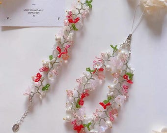 Lucky Red Pink Flower Beaded Bracelet: Handmade Cherry Blossom Phone Strap