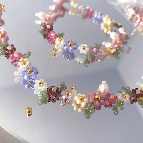 Pulseras de nenúfares de Monet, pulseras, anillos, collares con flores de cuentas, pulseras y anillos con cuentas de perlas, regalo para ella