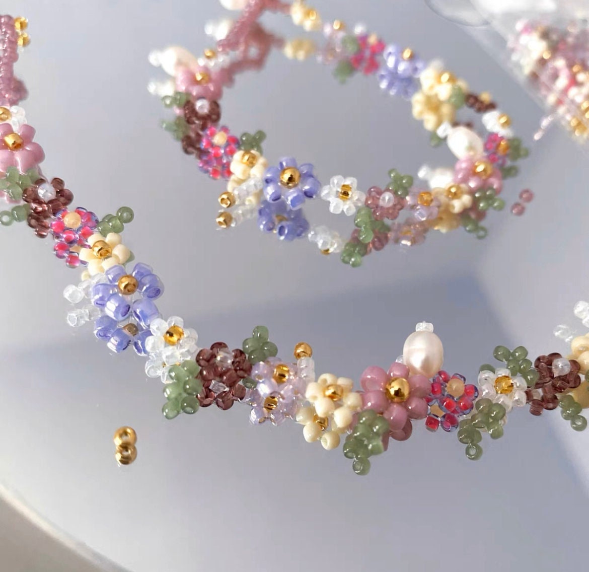 Monet's Water Lilies Bracelets,Beaded flower bracelets rings necklace,Pearl bead bracelets and rings,Gift for her