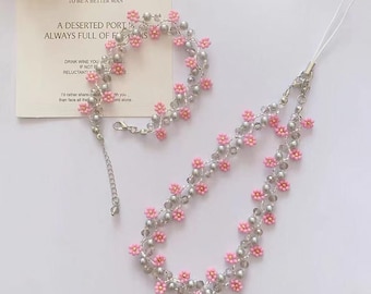 Winter Red Plum Blossom Phone Strap, Pink Beaded Bracelet Set, Gift for Her