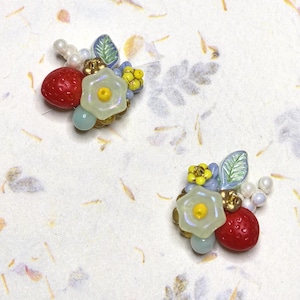 Handmade Strawberry Pearl Studs Earrings, Ceramic Flower Leaf Earrings, Czech Glass Beads Jewelry, Gift For Her