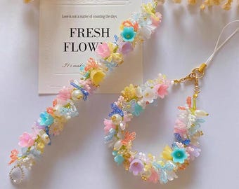Rainbow Beaded Phone Charm Strap: Pastel Floral Bracelet