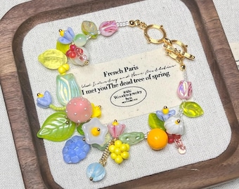 Handmade Czech Glass Beaded Fruit Flower Bracelet: Cottagecore Jewelry