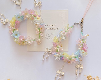 Handmade Beaded Flower Phone Charm with Bowknot