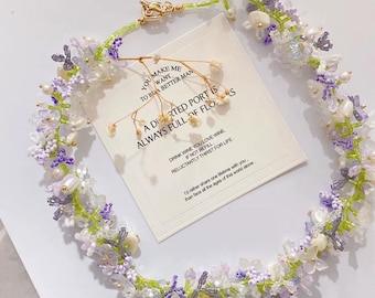 Lavender Beaded Choker, Purple Flower Necklace, Cottagecore Fairycore Jewelry, Gift for Her