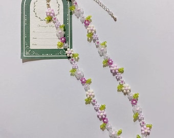 Handmade Beaded Flower Choker: Pink & Green Garden Necklace