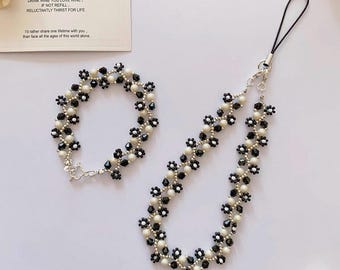 Black&White Beaded Flower Bracelet, Daisy Flower Phone Strap With Pearl, Vintage Style Jewelry