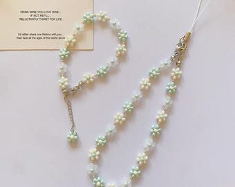 Jasmine Milk Green Beaded Phone Strap: Boho Pearl Charm