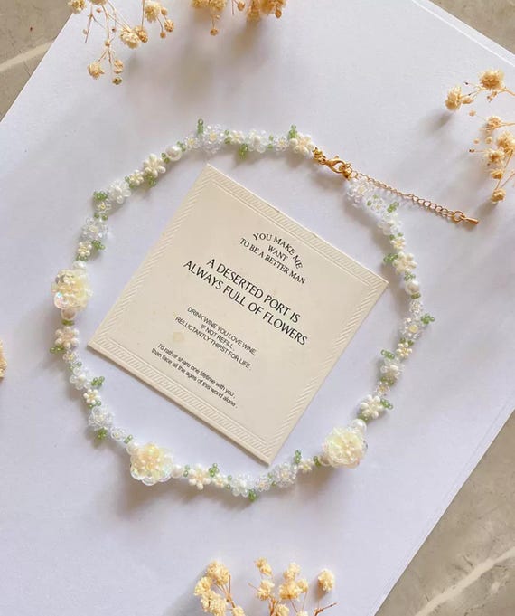 Romantic Beaded Flower Choker Bracelets, Aesthetic Flower Necklace