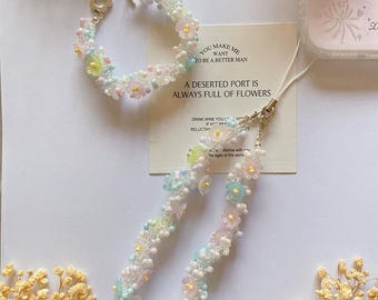 Handmade Beaded Flower Phone Charm Strap: Pastel Bracelet