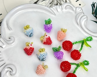 Beaded Strawberry Fruit Charms, Handmade Beading Grape Pendant,  Cherry Jewelry Findings