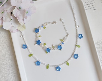 Handmade Forget Me Not Beaded Necklace, Beaded Blue Flower Bracelet, Gift For Her