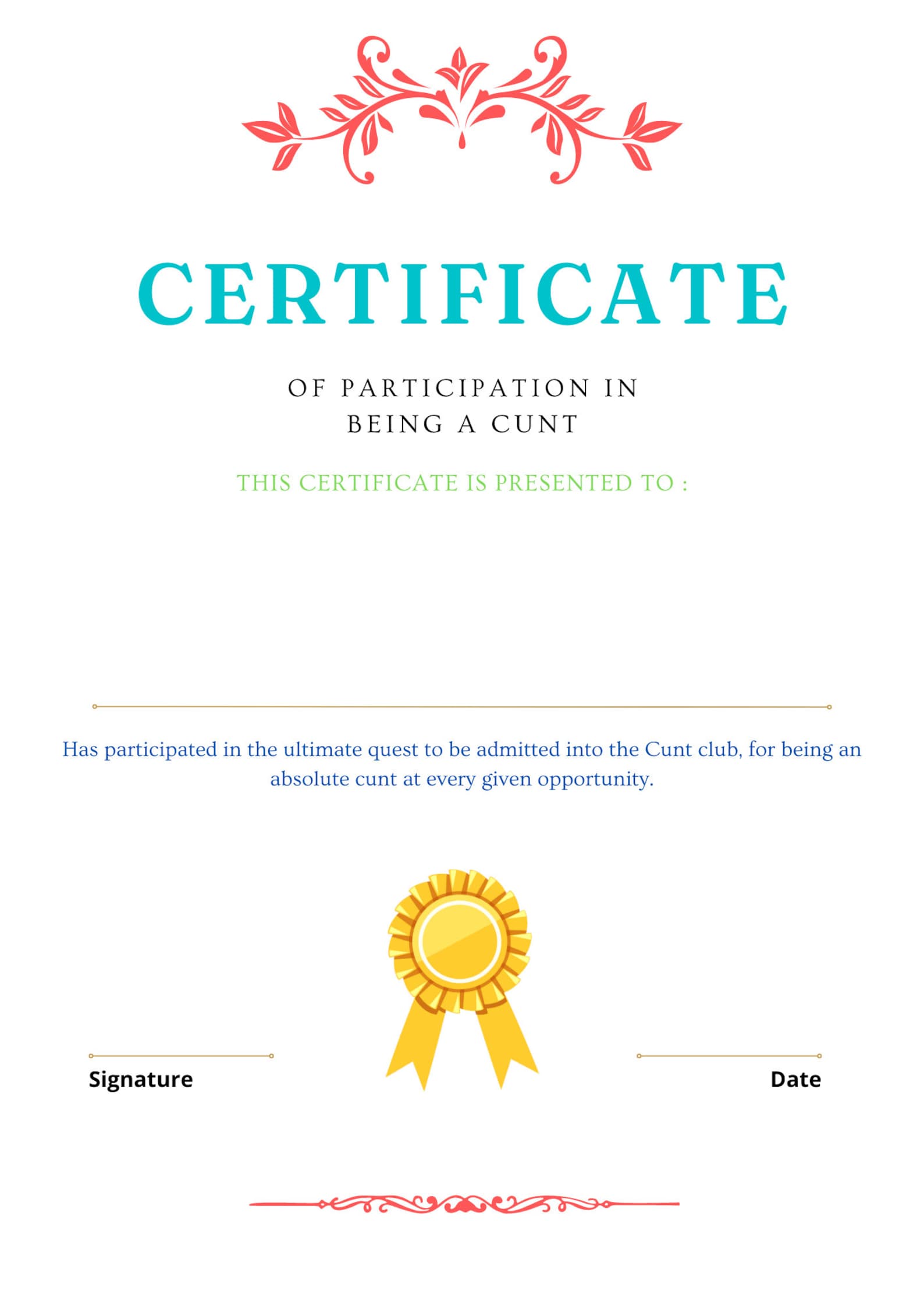 Certificate of Being a Cunt - Etsy
