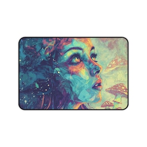 Psychedelic Desk Mat, Visionary Art Mouse Pad, Surreal Woman Portrait, Trippy Mushroom Decor, XXL Gaming Mousepad, Spiritual Boho Gift