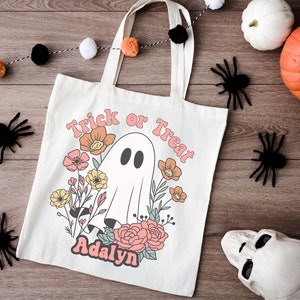 Custom Trick or Treat Ghost Canvas Tote Bag, Custom Halloween Candy Bag for kids, Custom Halloween Tote, Personalized Halloween Kids Bag