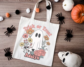 Bolso de mano personalizado de lona fantasma de truco o trato, bolsa de dulces de Halloween personalizada para niños, bolso de mano personalizado de Halloween, bolso personalizado para niños de Halloween