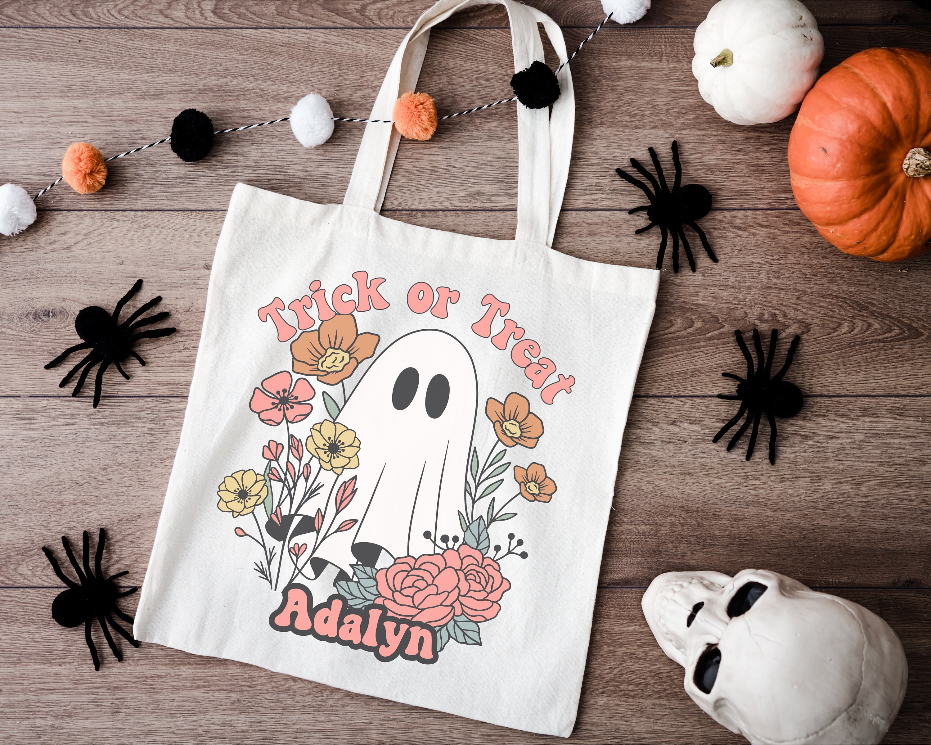 Custom Trick or Treat Ghost Canvas Tote Bag, Custom Halloween Candy Bag ...